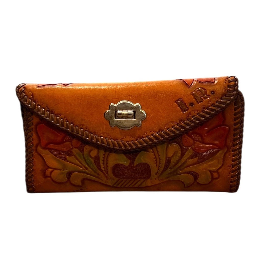 Vintage Handmade 1970’s Embossed Tooled Leather Clutch Hinged Clasp to Close